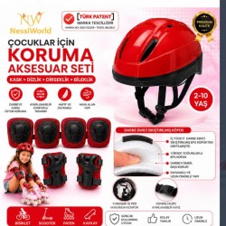 Çocuk Kaskı Ve Dizlik, Dirseklik Eldiven Set KIRMIZ/KIRMIZISİYAH